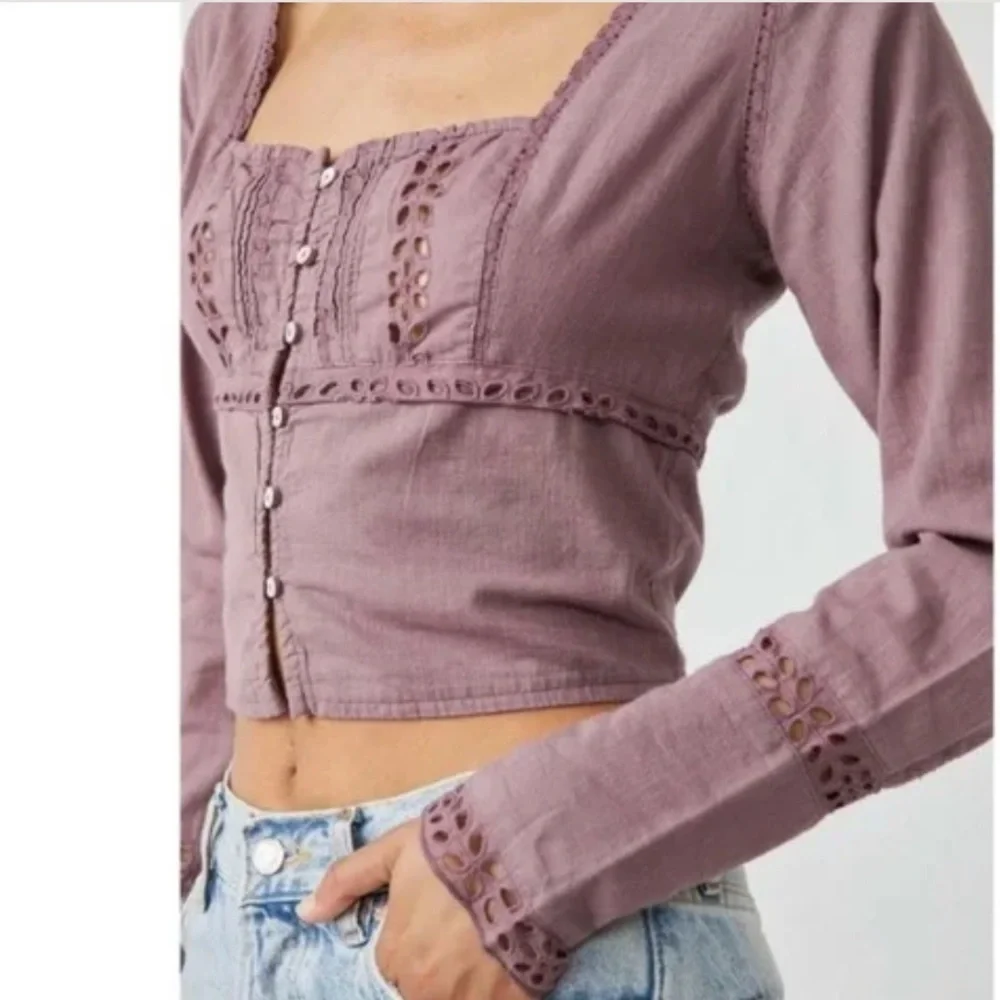 Free People Dusty Mauve Sweetheart Neckline Tiny Button Front Top Small NEW +Tag